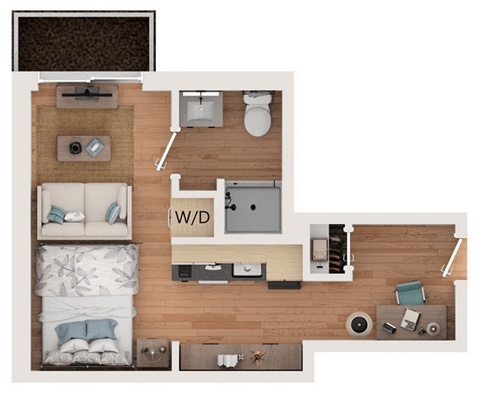 A top-down view of a small apartment layout with a bed, couch, and kitchen area.